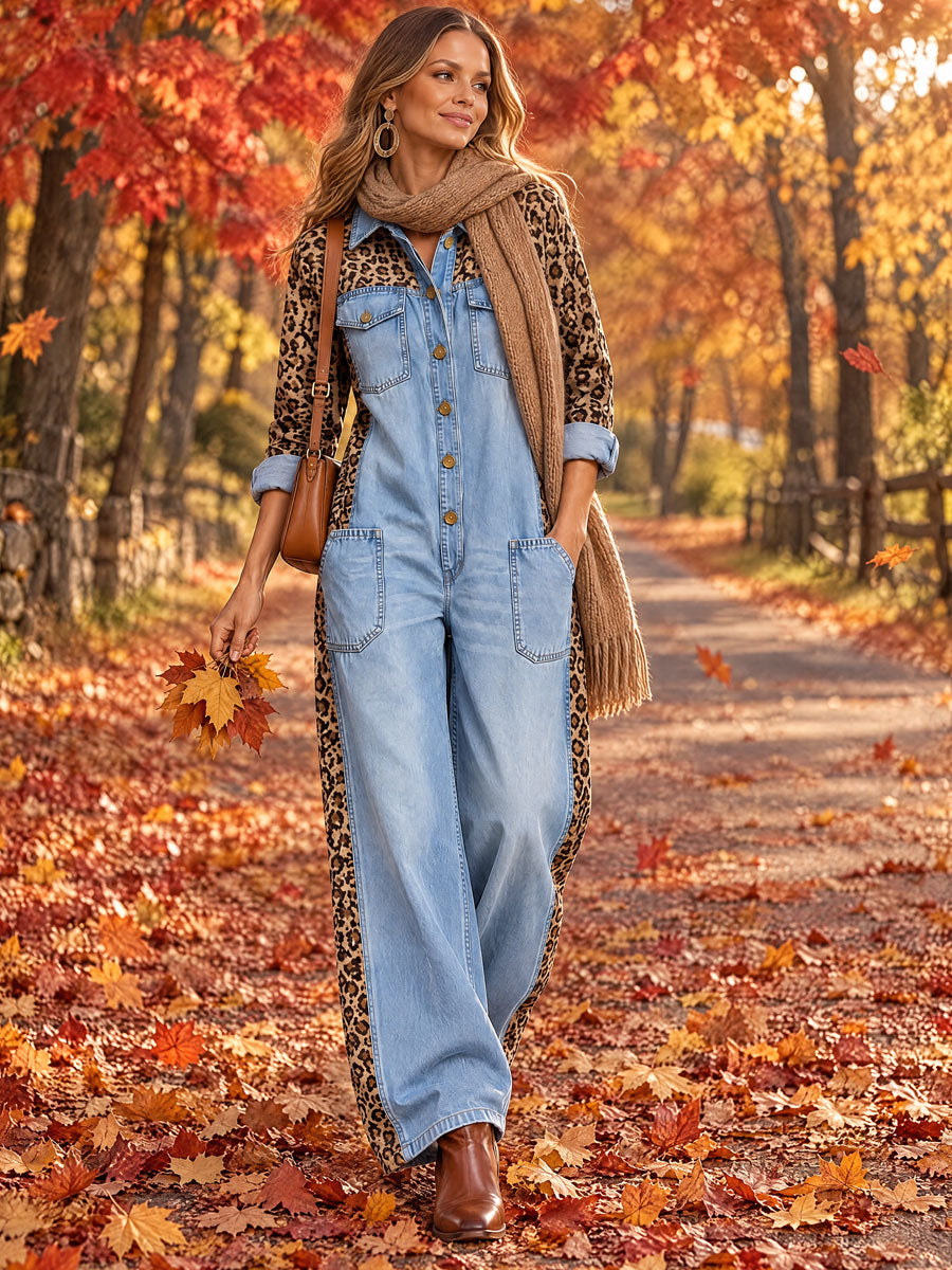 Loose-fitting Retro Leopard Print Patchwork Light Blue Denim Wide-leg Jumpsuit
