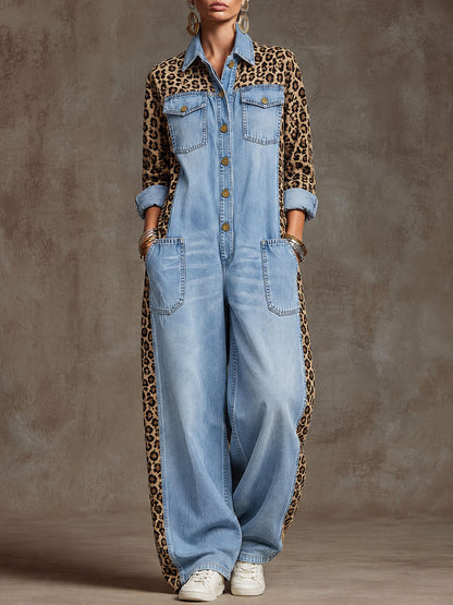 Loose-fitting Retro Leopard Print Patchwork Light Blue Denim Wide-leg Jumpsuit