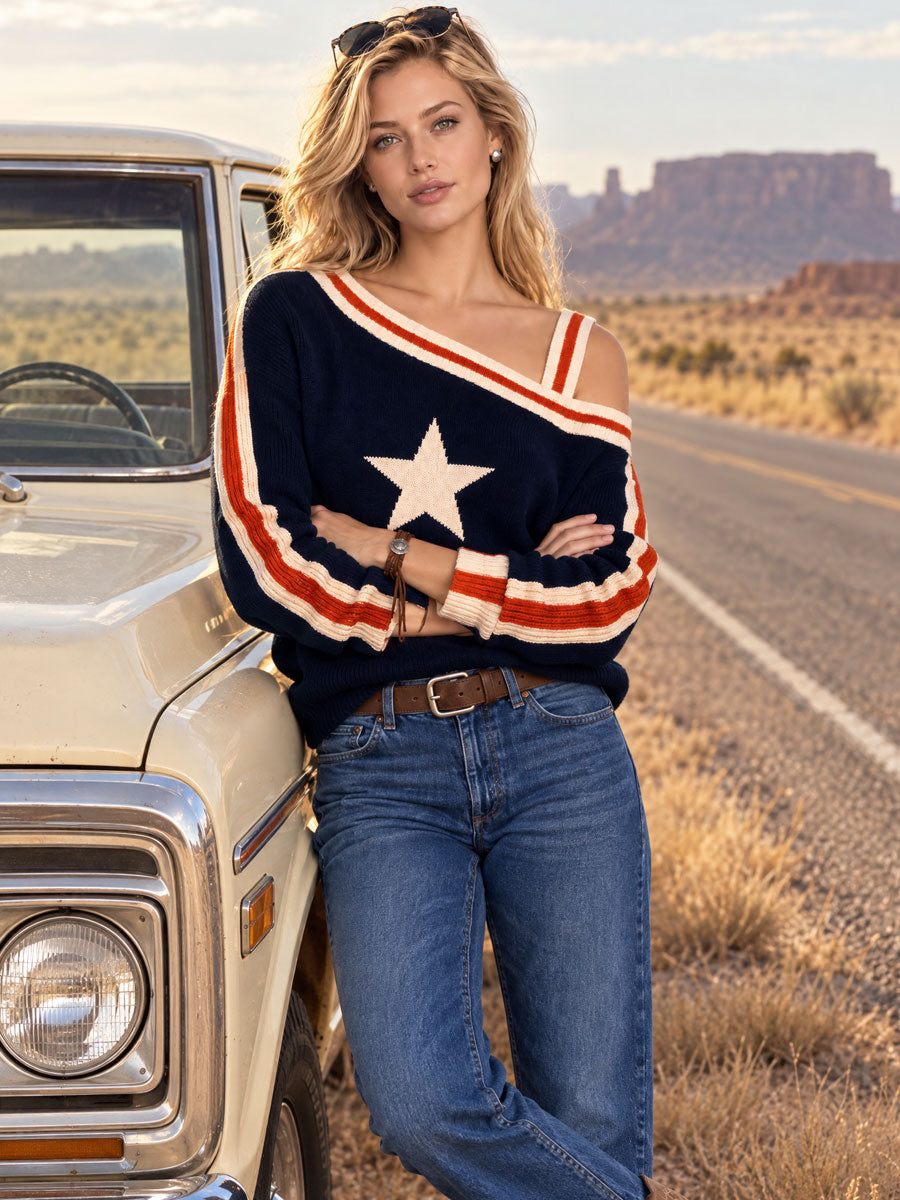 Casual Retro Navy Blue One-shoulder Color-blocked Five-pointed Star Sweater