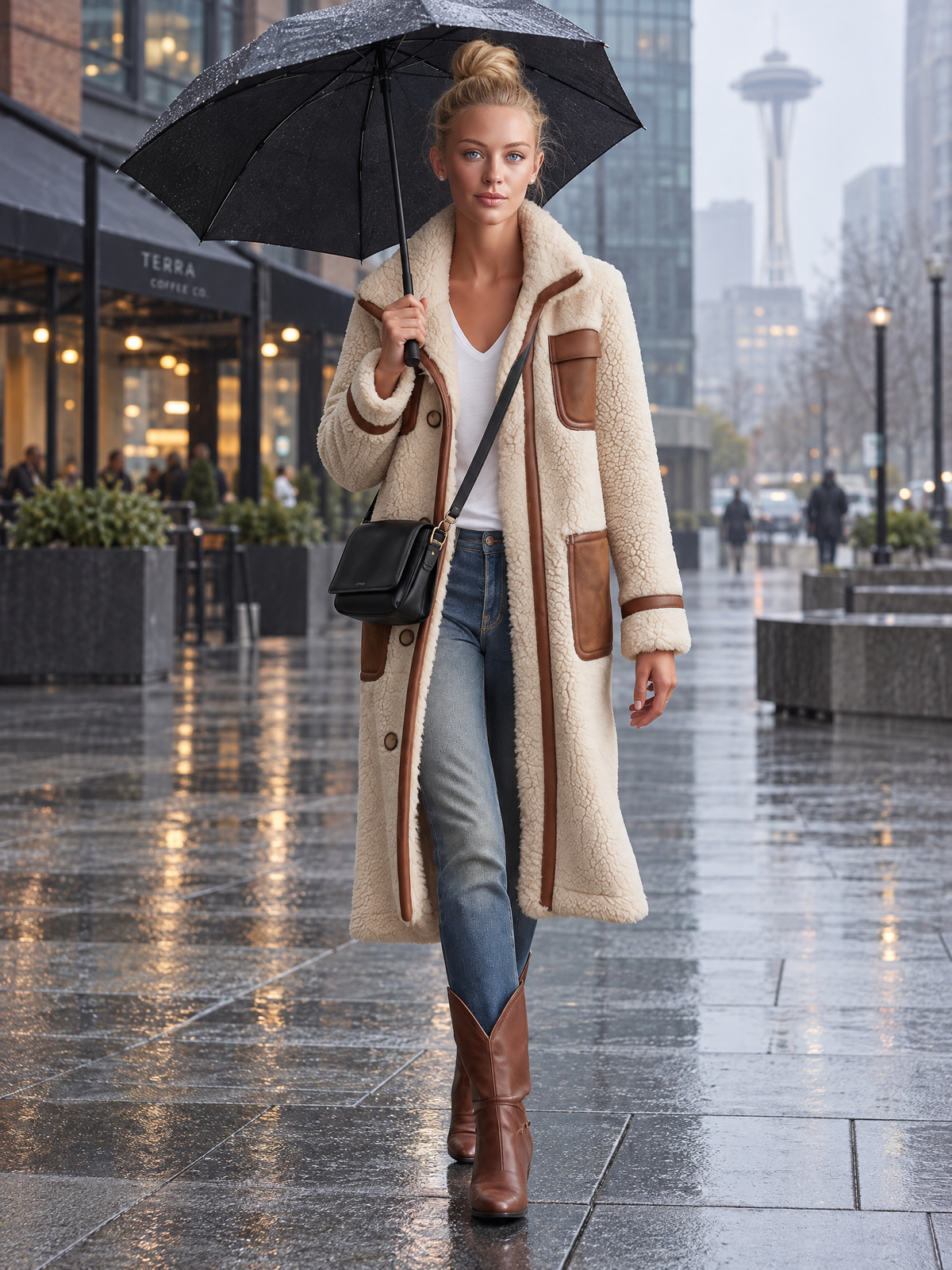 Retro Color-Block Sherpa Lapel Faux Suede Jacket For Women