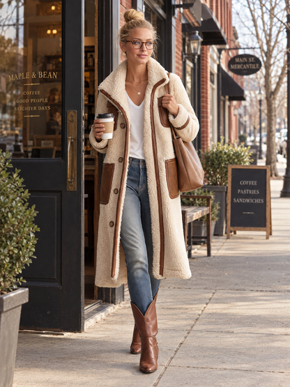 Retro Color-Block Sherpa Lapel Faux Suede Jacket For Women