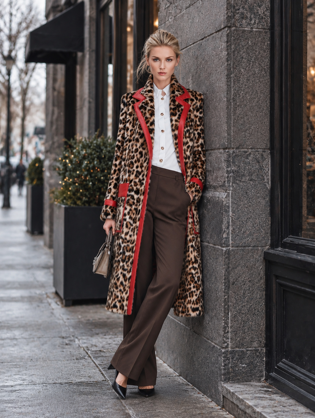Chic Urban Faux-Leather Trimmed Leopard-Print Faux-Fur Coat