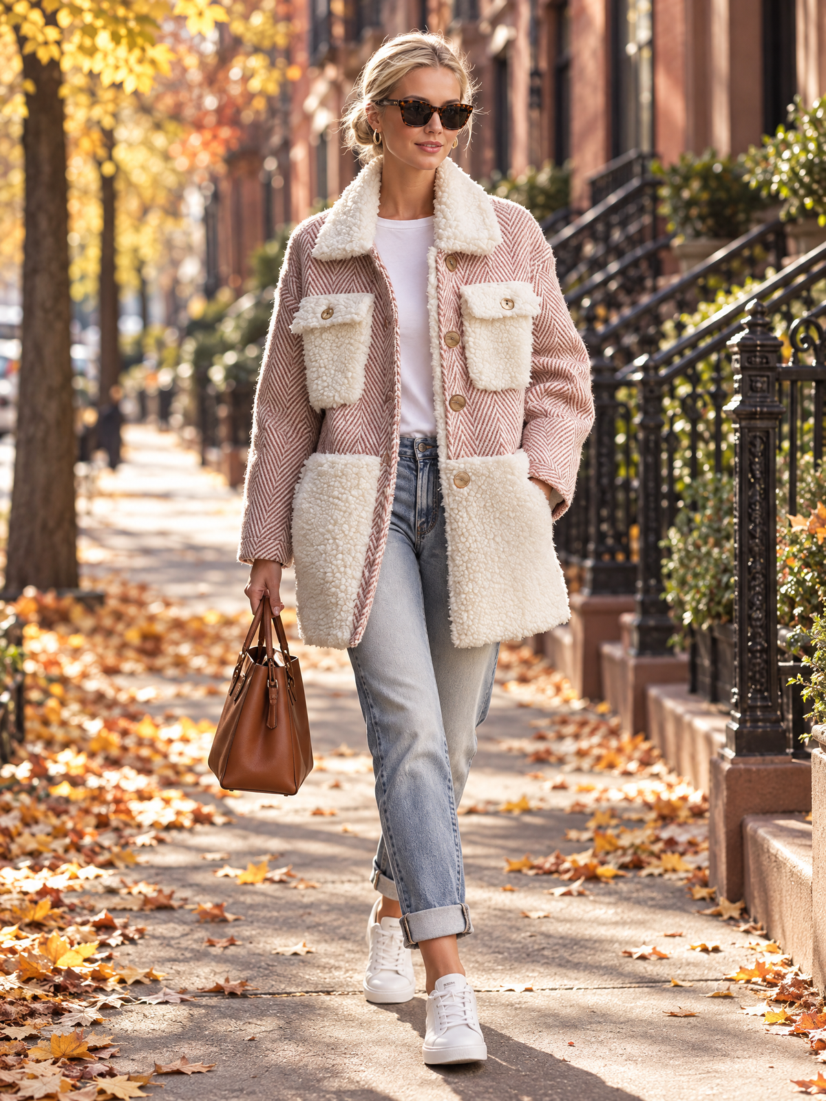 Retro Chic Pink Herringbone Wool Blend Sherpa Collar Gold Button Oversized Coat