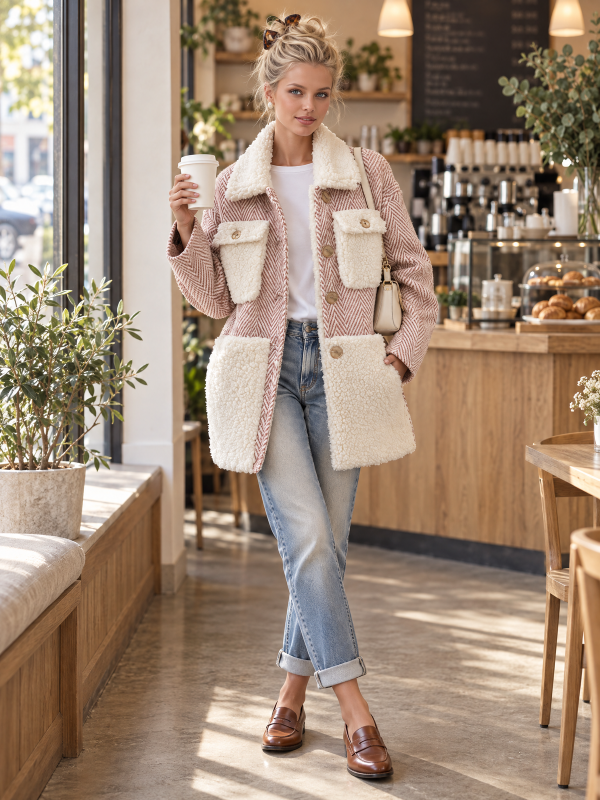 Retro Chic Pink Herringbone Wool Blend Sherpa Collar Gold Button Oversized Coat
