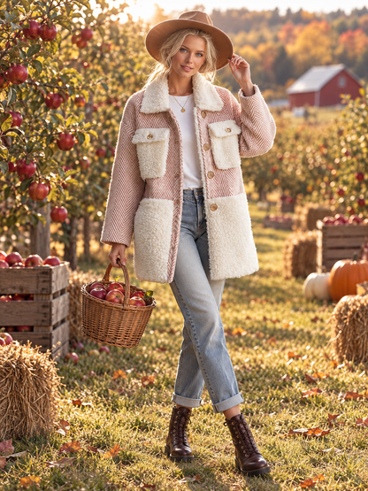 Retro Chic Pink Herringbone Wool Blend Sherpa Collar Gold Button Oversized Coat