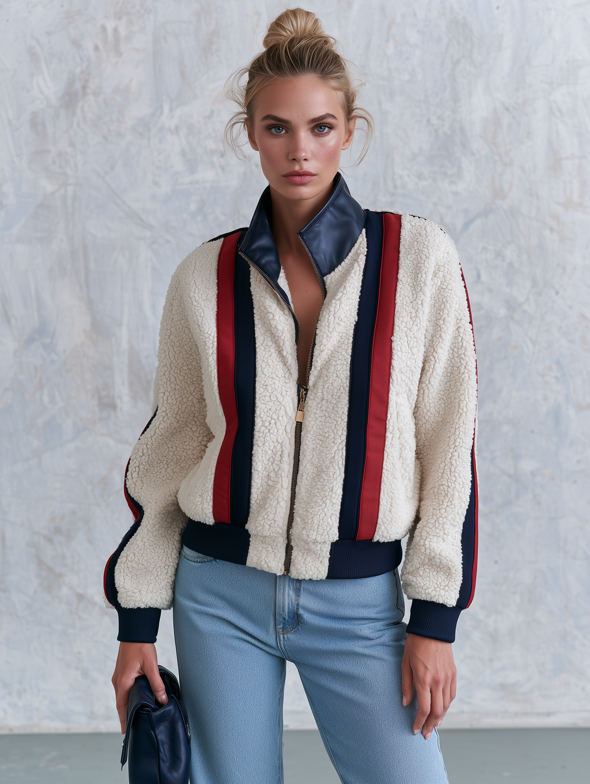 Casual Retro PU Striped Off-White Fleece Bomber Jacket