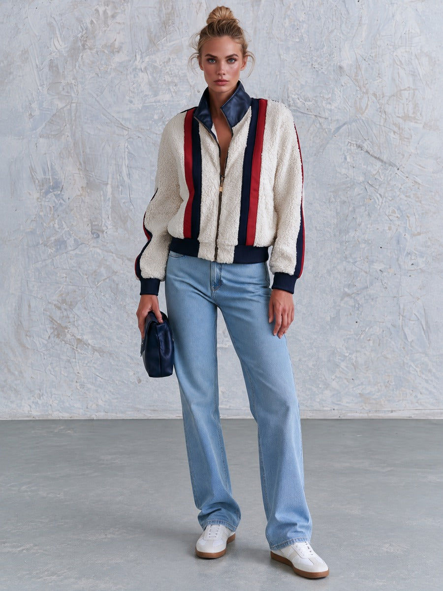Casual Retro PU Striped Off-White Fleece Bomber Jacket