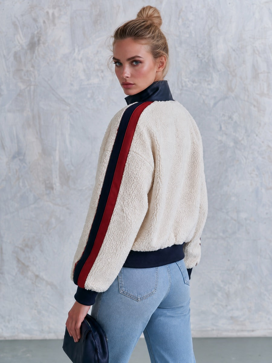 Casual Retro PU Striped Off-White Fleece Bomber Jacket
