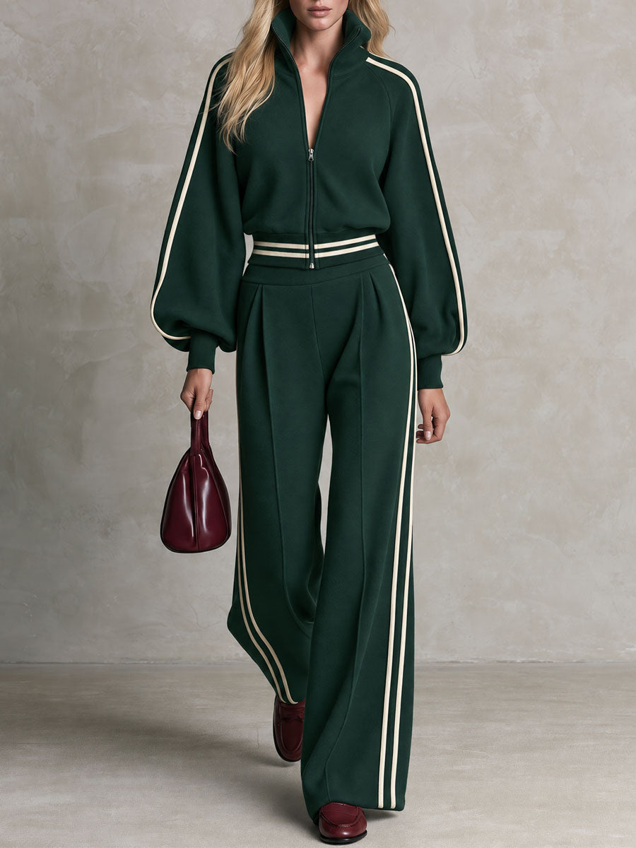 Sporty Retro Casual Color-blocked Striped Green Zip-up Sweatshirt And Pants Set