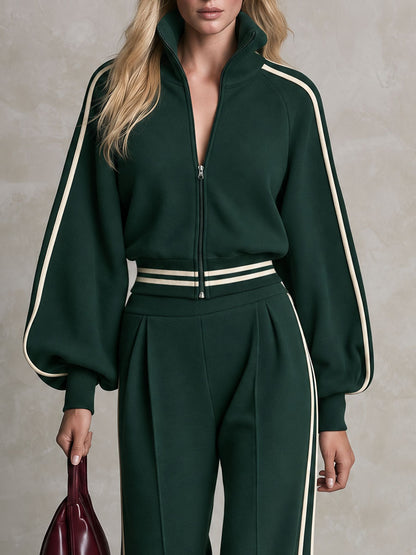 Sporty Retro Casual Color-blocked Striped Green Zip-up Sweatshirt And Pants Set