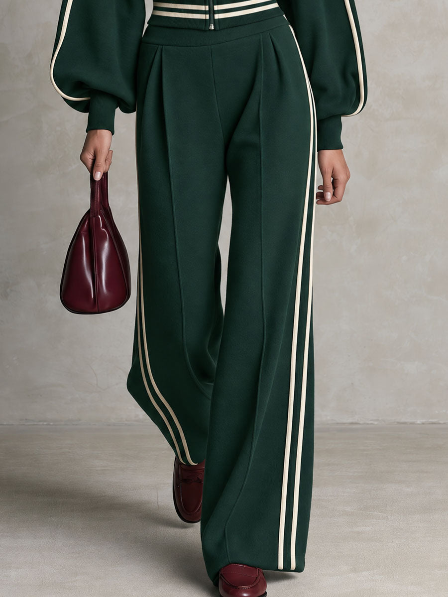 Sporty Retro Casual Color-blocked Striped Green Zip-up Sweatshirt And Pants Set