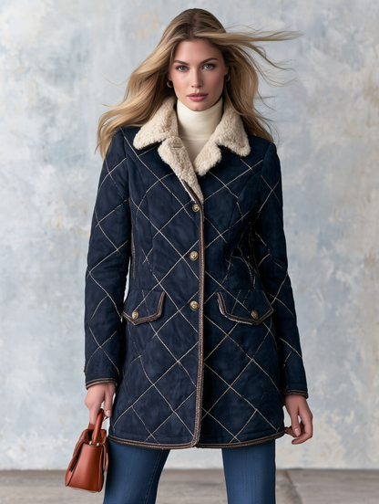Casual Retro Diamond-stitched Fleece-lined Faux Suede Coat
