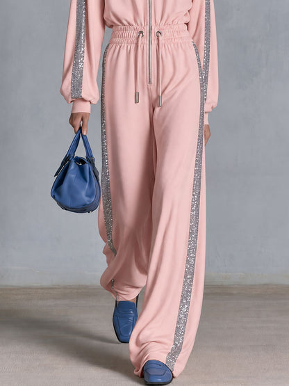 Retro Casual Silver Ribbon Pink Stand-up Collar Waist-cinching Cotton Jumpsuit