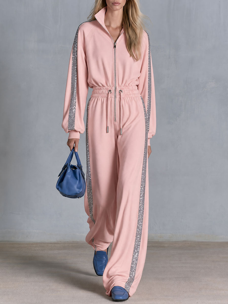 Retro Casual Silver Ribbon Pink Stand-up Collar Waist-cinching Cotton Jumpsuit