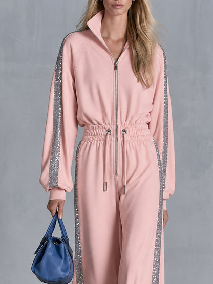 Retro Casual Silver Ribbon Pink Stand-up Collar Waist-cinching Cotton Jumpsuit