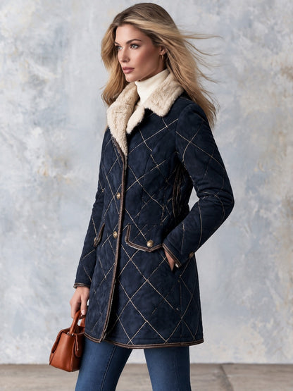 Casual Retro Diamond-stitched Fleece-lined Faux Suede Coat