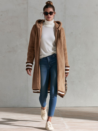 Casual Retro Striped Camel Double-faced Fleece Hooded Coat