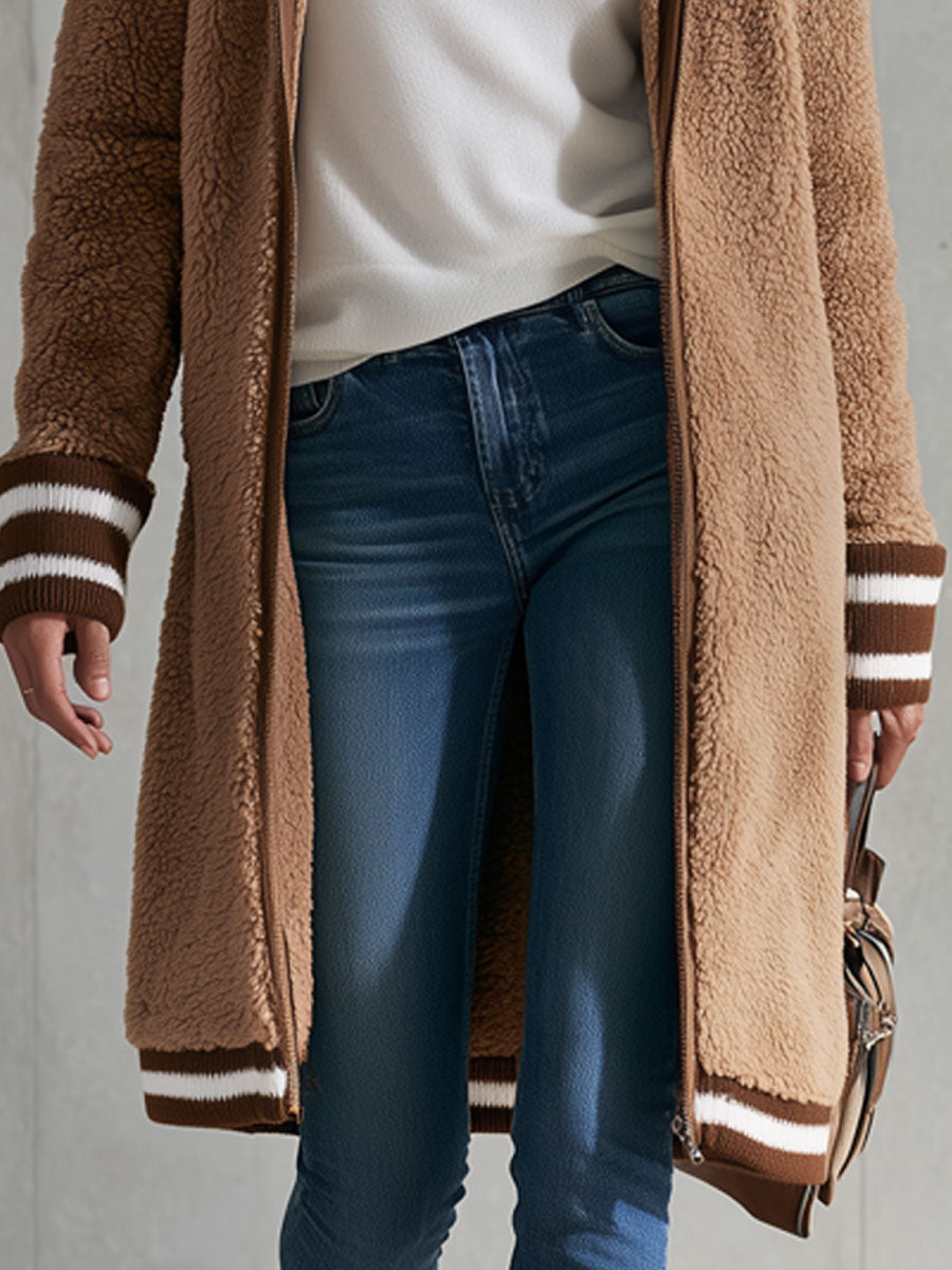 Casual Retro Striped Camel Double-faced Fleece Hooded Coat