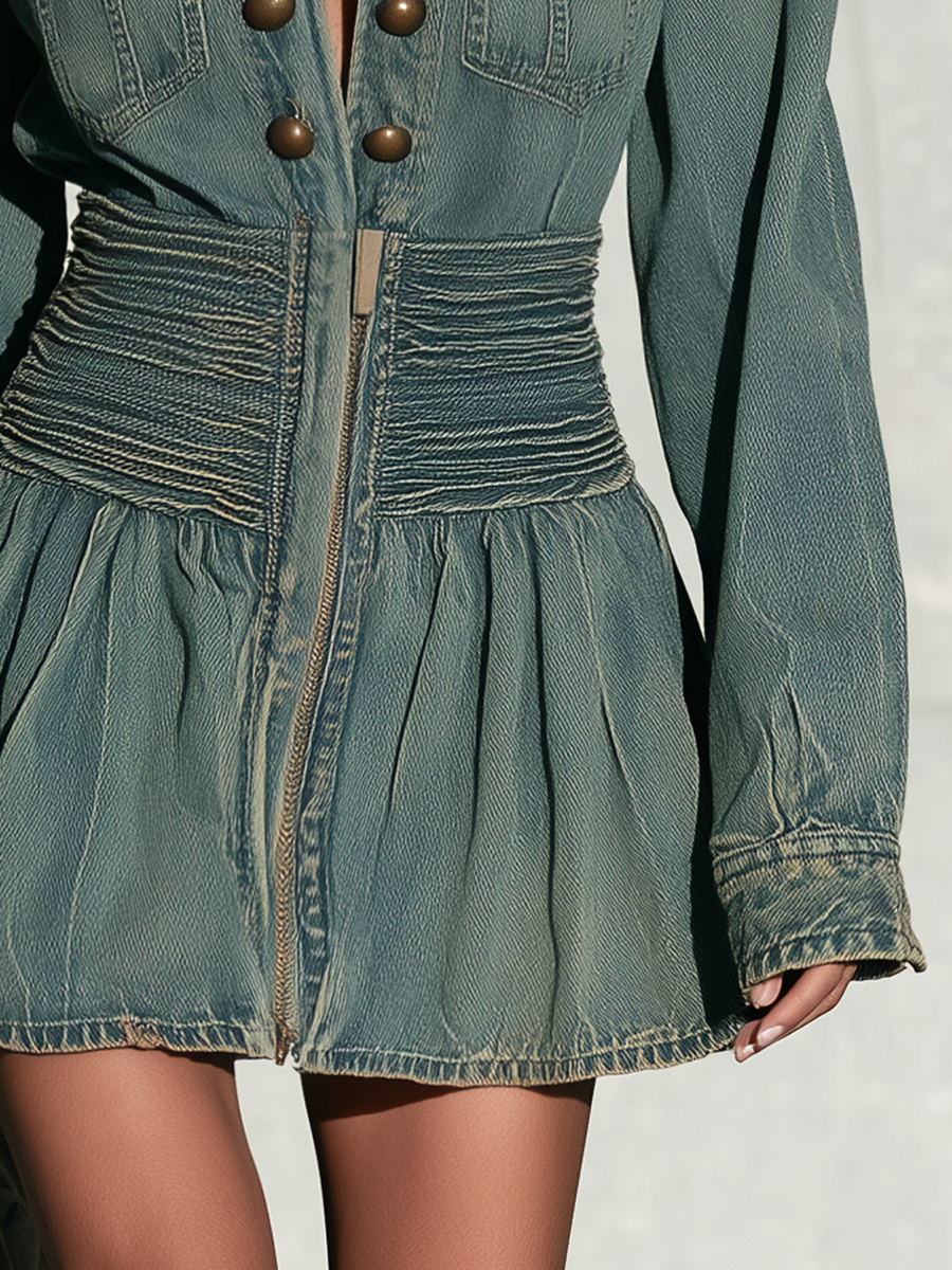 Vintage Military Teal Wash Smocked Waist Bronze Button Long Sleeve Denim Mini Dress
