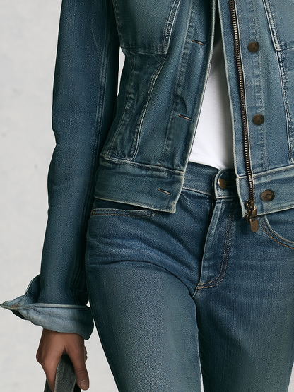 Classic Western Stand Collar Zip Up Fitted Cropped Medium Wash Denim Jacket