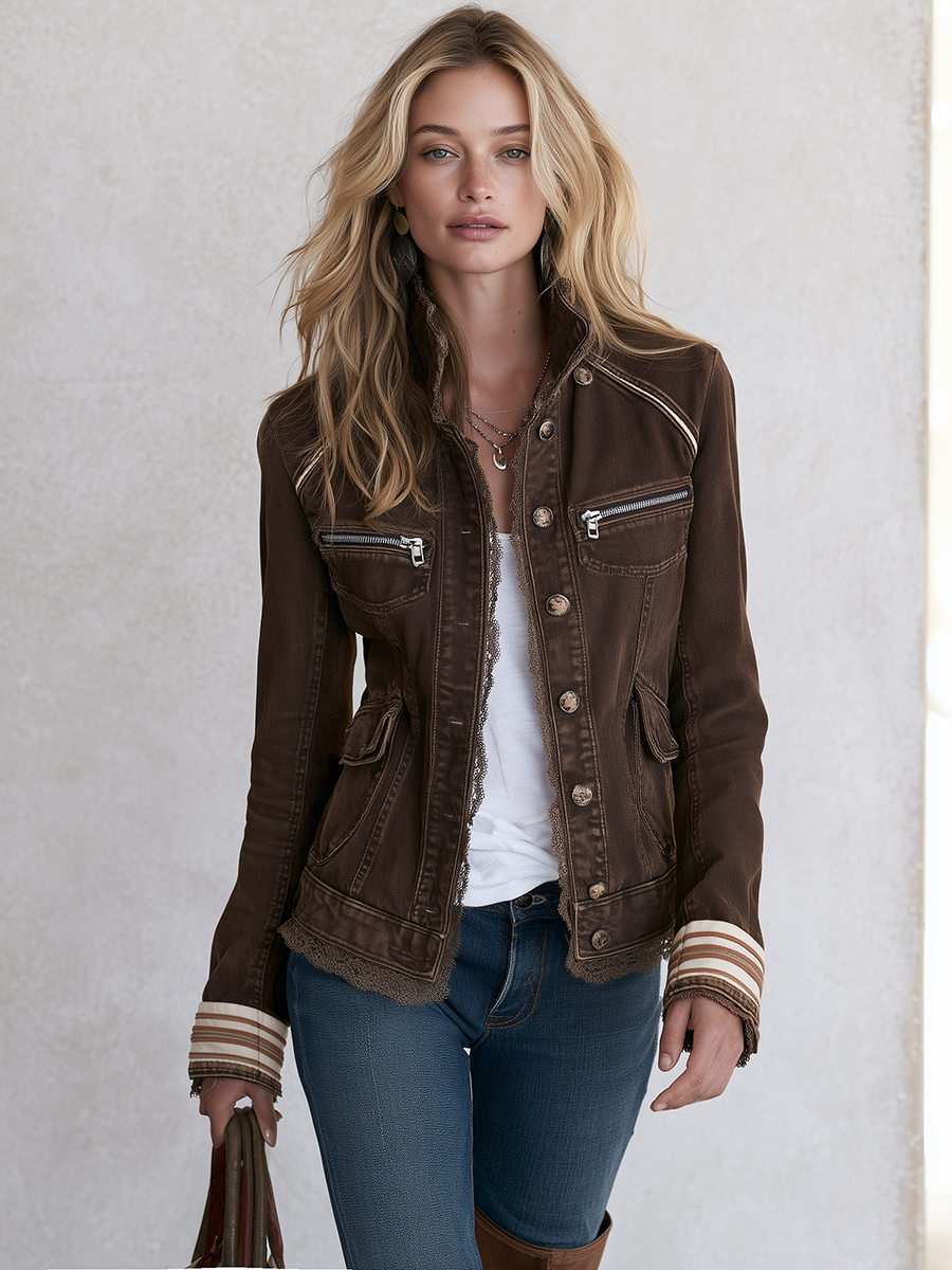 Vintage Boho Brown Lace Trim Striped Cuff Fitted Button Front Denim Jacket