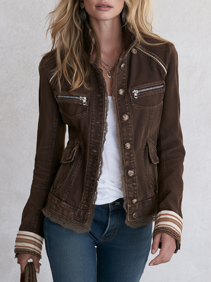 Vintage Boho Brown Lace Trim Striped Cuff Fitted Button Front Denim Jacket