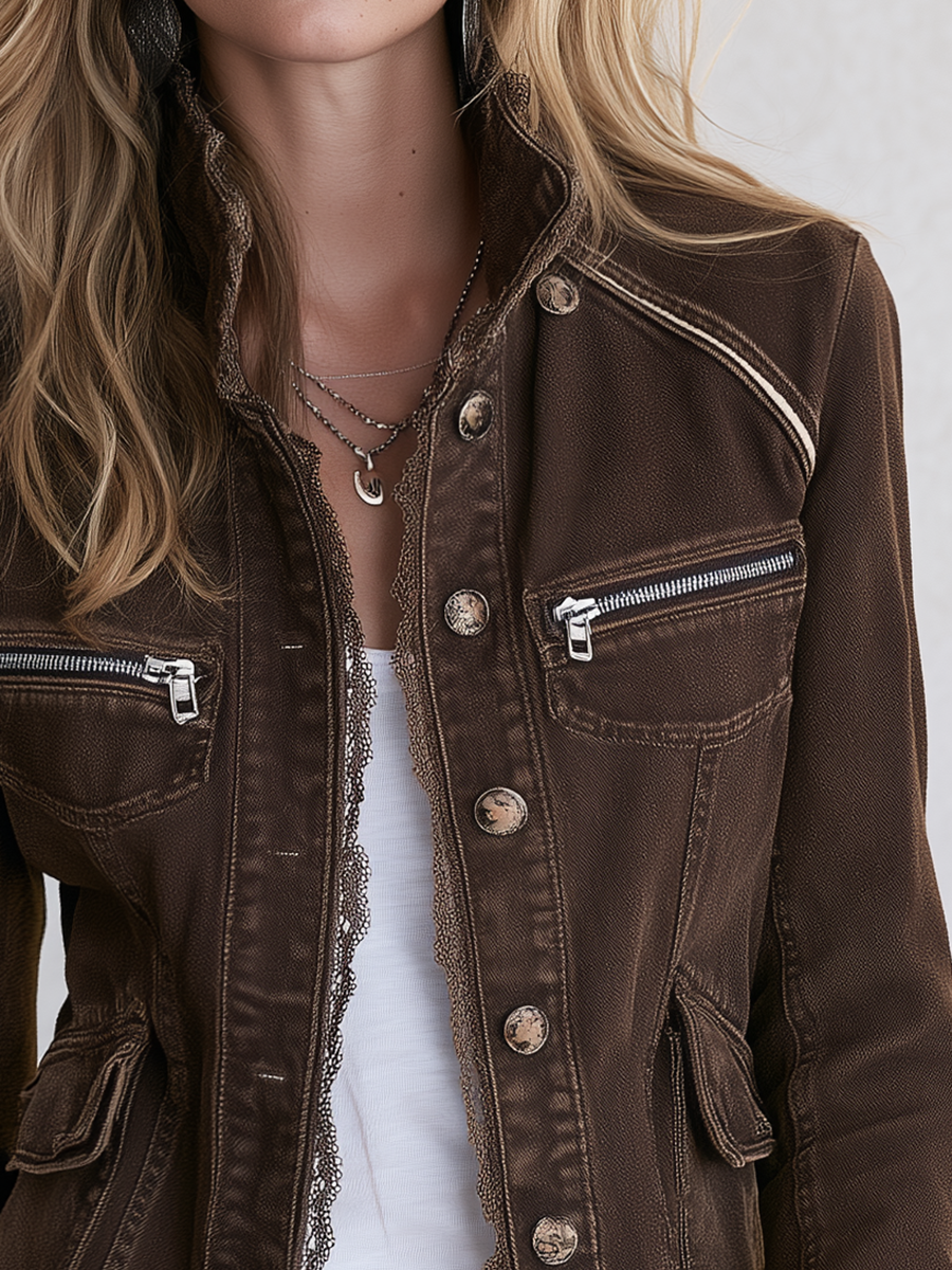 Vintage Boho Brown Lace Trim Striped Cuff Fitted Button Front Denim Jacket