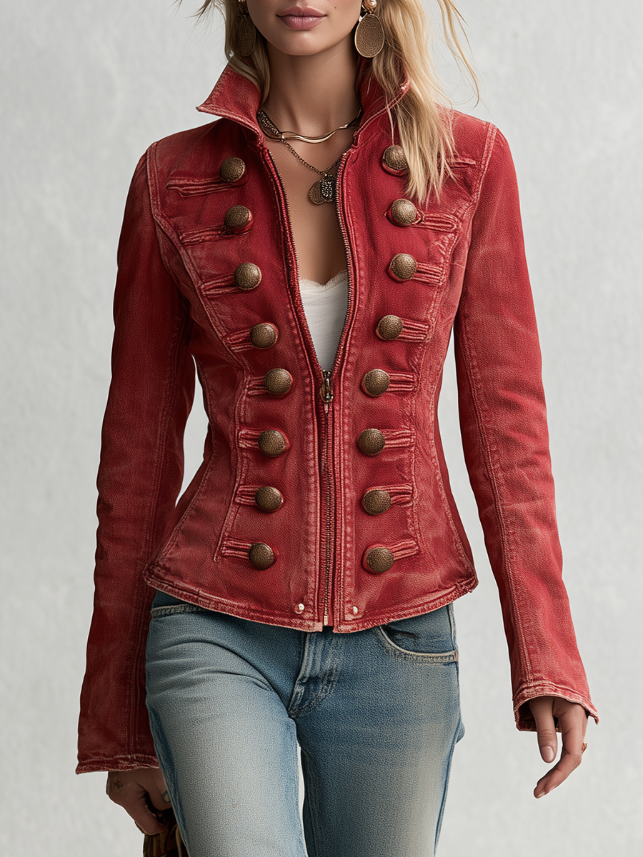 Vintage Military Red Washed Double Row Bronze Button Fitted Denim Band Jacket