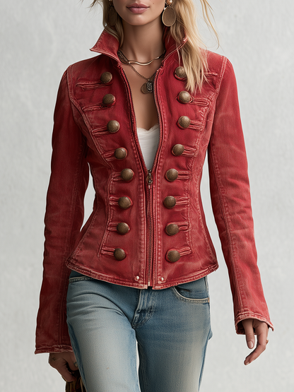 Vintage Military Red Washed Double Row Bronze Button Fitted Denim Band Jacket