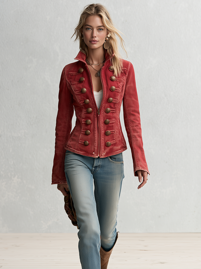 Vintage Military Red Washed Double Row Bronze Button Fitted Denim Band Jacket