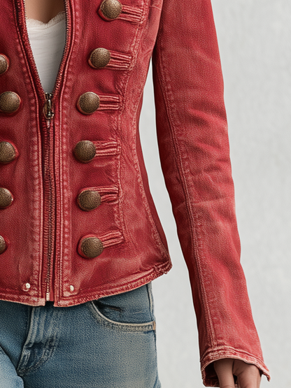 Vintage Military Red Washed Double Row Bronze Button Fitted Denim Band Jacket