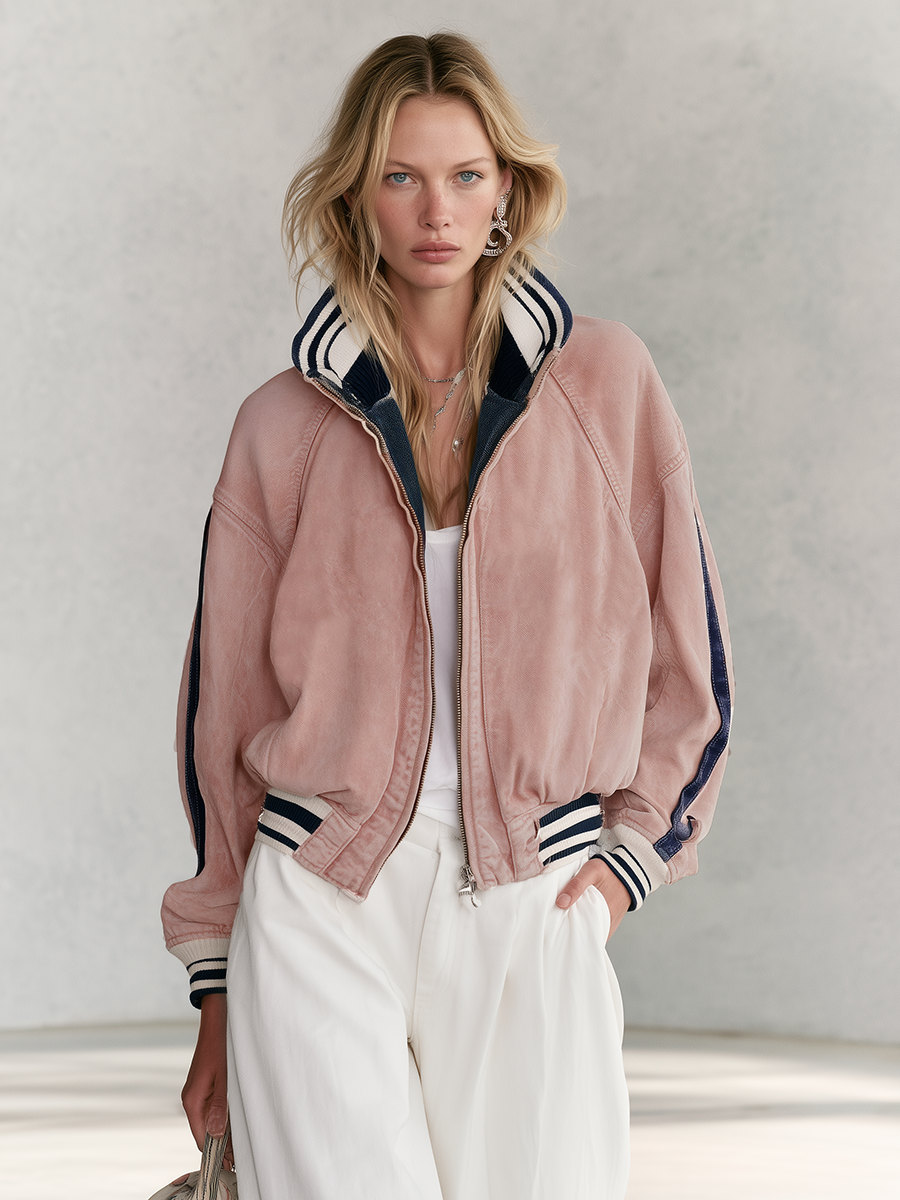 Retro Sporty Pink Washed Striped Rib Trim Oversized Zip Up Denim Bomber Jacket