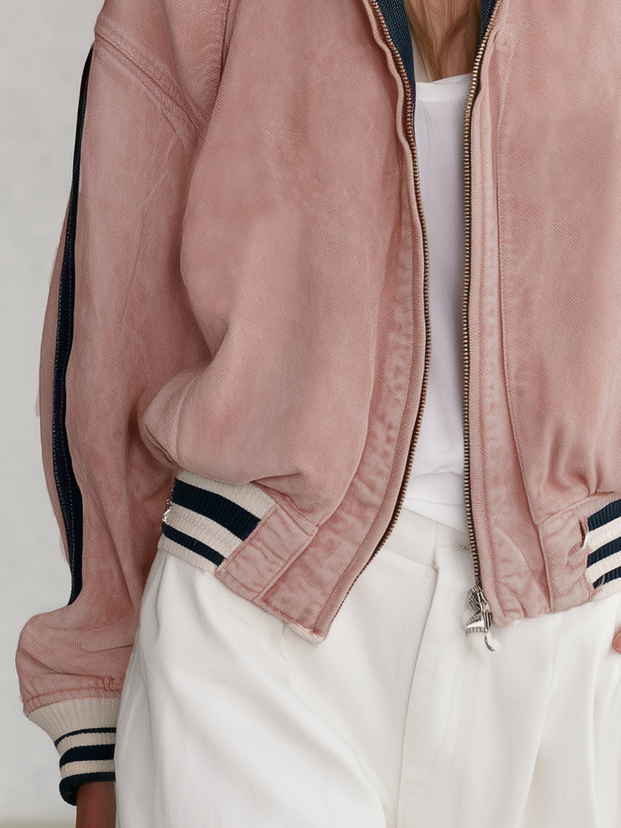 Retro Sporty Pink Washed Striped Rib Trim Oversized Zip Up Denim Bomber Jacket