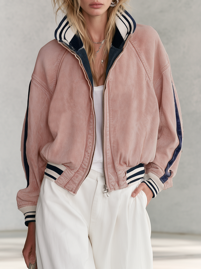 Retro Sporty Pink Washed Striped Rib Trim Oversized Zip Up Denim Bomber Jacket