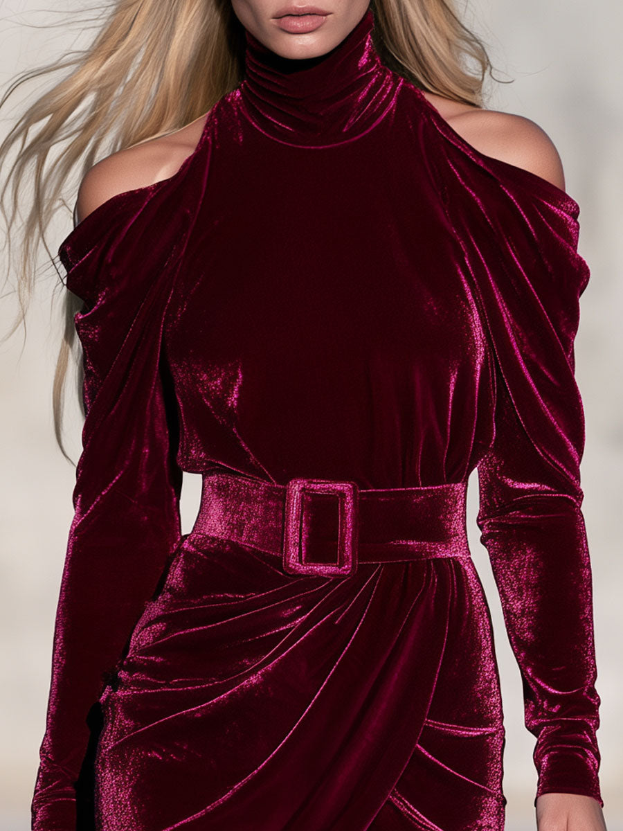 Retro Elegant Fuchsia High-neck Off-shoulder Belted Irregular Hem Velvet Mini Dress