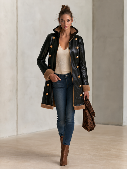 Retro Fleece Gold Button Black Faux Leather Coat