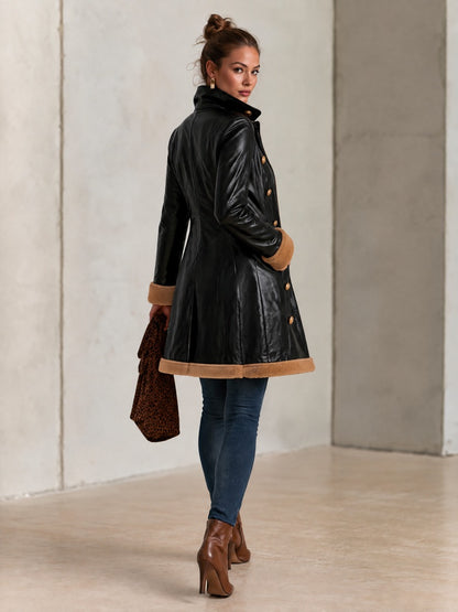 Retro Fleece Gold Button Black Faux Leather Coat