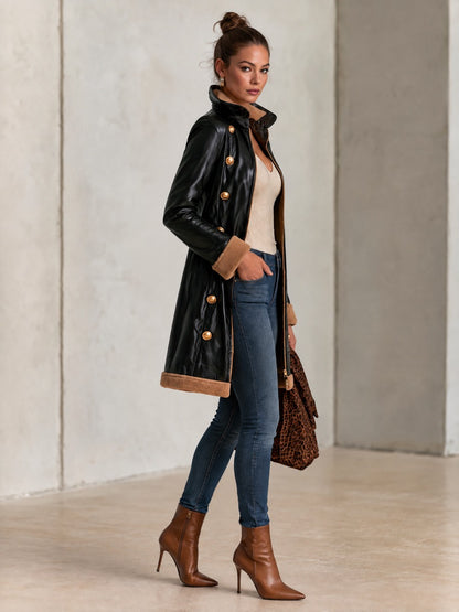 Retro Fleece Gold Button Black Faux Leather Coat