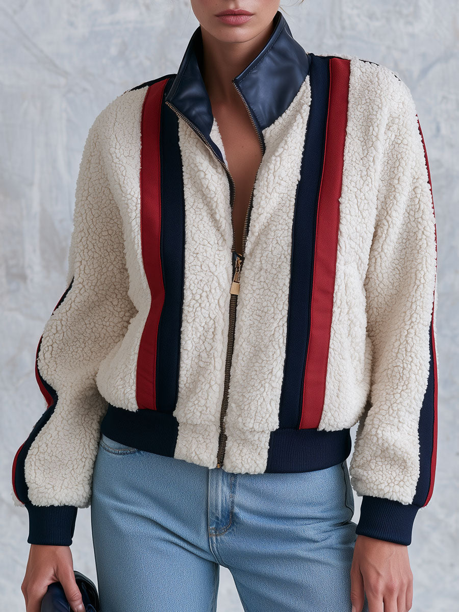 Casual Retro PU Striped Off-White Fleece Bomber Jacket