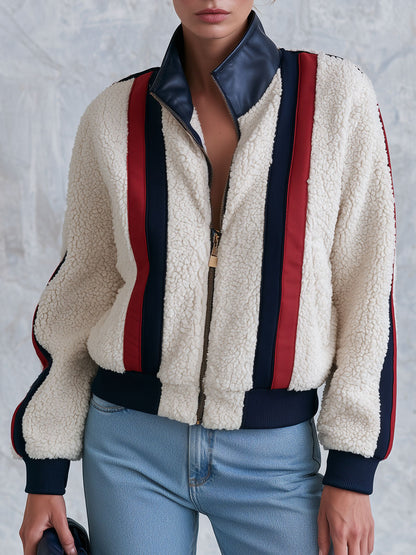 Casual Retro PU Striped Off-White Fleece Bomber Jacket