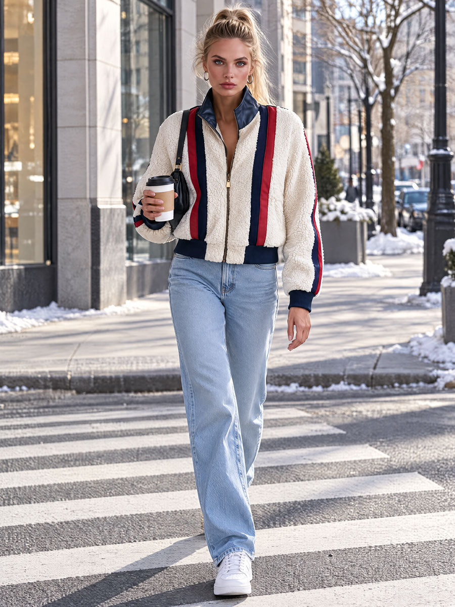 Casual Retro PU Striped Off-White Fleece Bomber Jacket