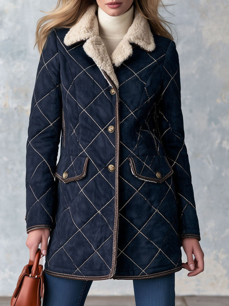 Casual Retro Diamond-stitched Fleece-lined Faux Suede Coat