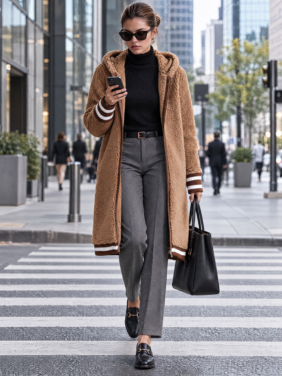 Casual Retro Striped Camel Double-faced Fleece Hooded Coat