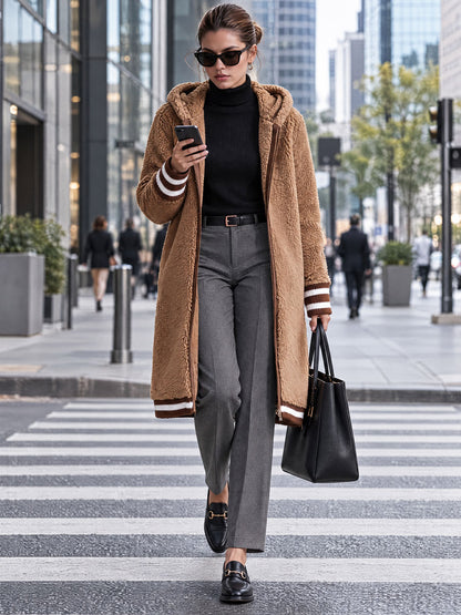 Casual Retro Striped Camel Double-faced Fleece Hooded Coat