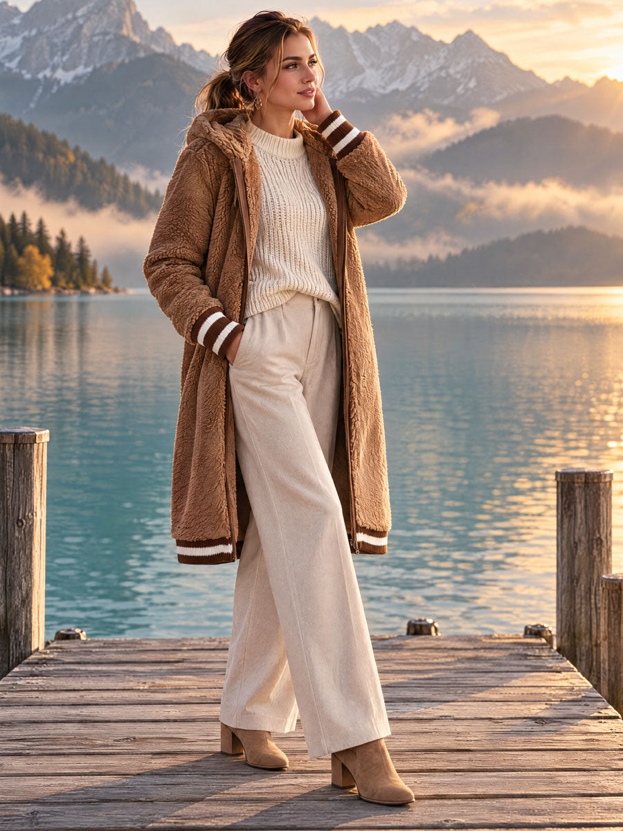 Casual Retro Striped Camel Double-faced Fleece Hooded Coat