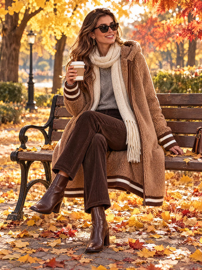 Casual Retro Striped Camel Double-faced Fleece Hooded Coat