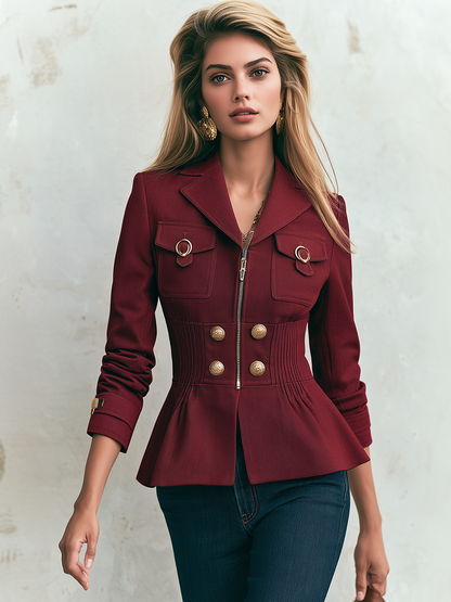 Vintage Military Burgundy Gold Button Zip Front Pintuck Waist Fitted Peplum Jacket