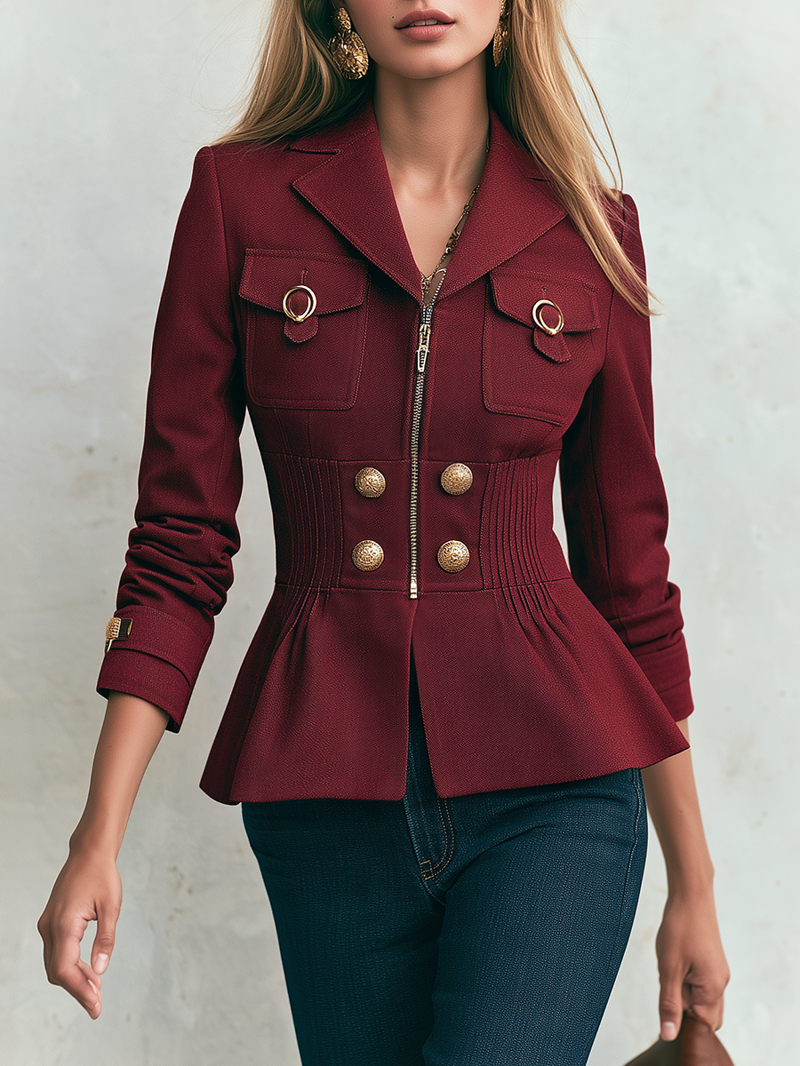 Vintage Military Burgundy Gold Button Zip Front Pintuck Waist Fitted Peplum Jacket