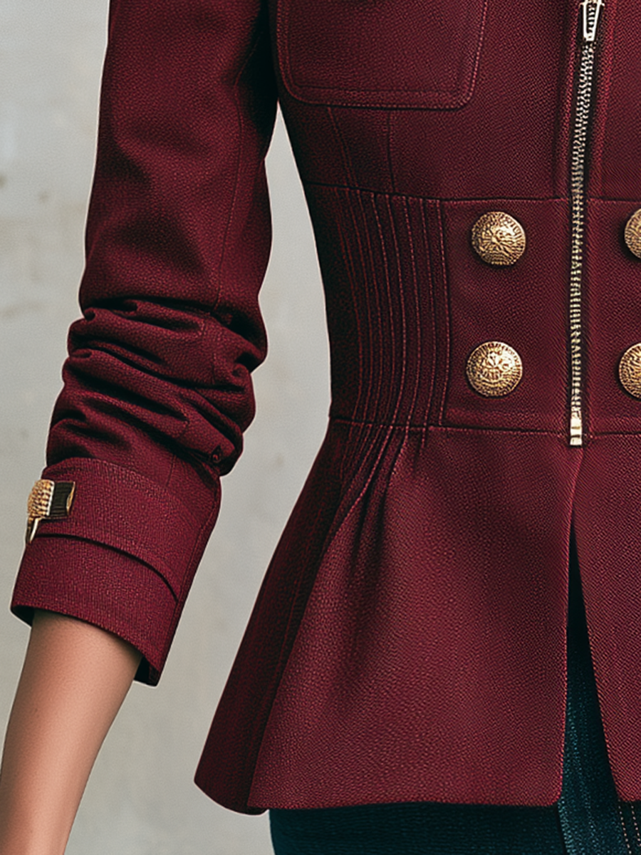 Vintage Military Burgundy Gold Button Zip Front Pintuck Waist Fitted Peplum Jacket