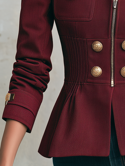 Vintage Military Burgundy Gold Button Zip Front Pintuck Waist Fitted Peplum Jacket
